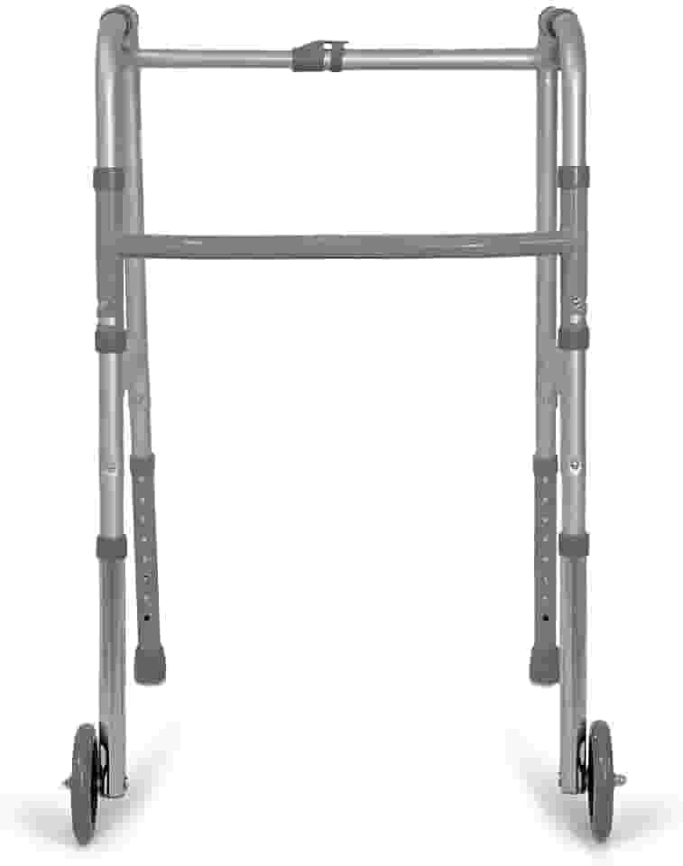 Andador Adulto Idoso com rodas alumínio dobrável altura regulável articulado Modelo D10 2 barras Delamed (acompanha pés com ponteira e pés com rodas se quiser usar alternadamente)