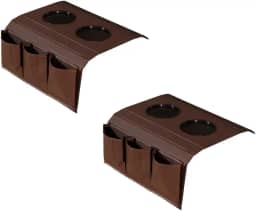 Kit 2 Bandejas Esteira para Braço de Sofá de Couro Marrom com Porta Controle