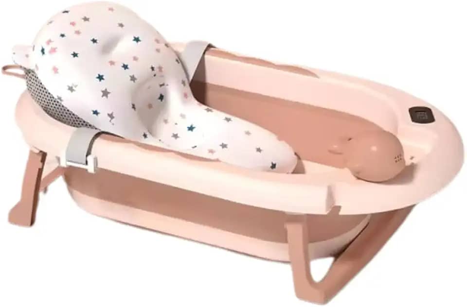 Banheira Rosa para bebê Retratil, Portatil com Termômetro Digital, Almofada, e Brinquedo
