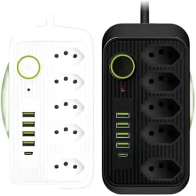 Extensão Filtro de Linha 5 Tomadas Bivolt com 4 USB + 1 USB Tipo-C, 2500W, 10A, Régua de Energia Premium (Preto)