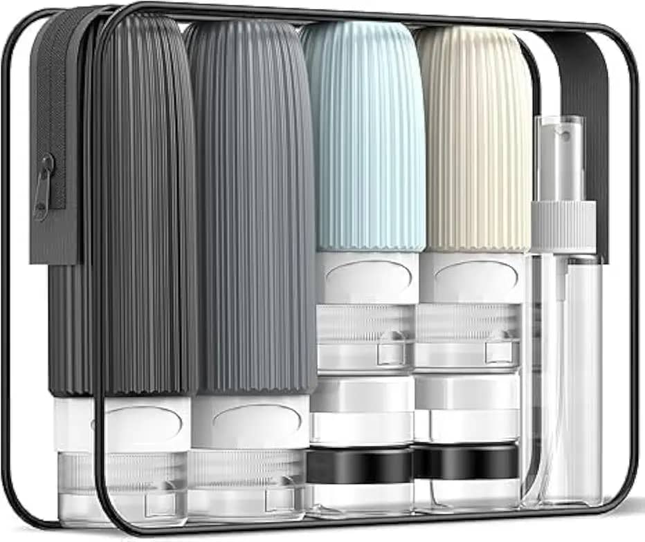 Kit 16 Frascos de Viagem – Recipientes Recarregáveis de Silicone Antivazamento para Shampoo, Condicionador, Licores e Artigos de Higiene Pessoal – Compacto e Portátil (TONS DE CINZA E PRETO)