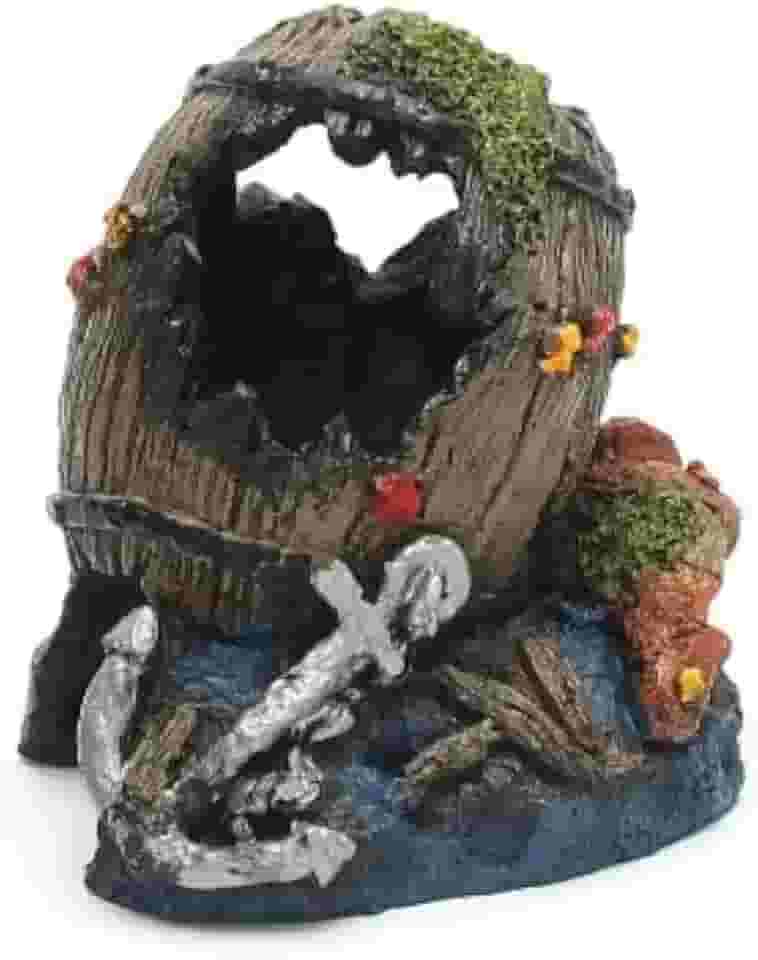 Toca barrica para Peixes Betta e Pequenos Peixes | Toca em Resina Atóxica para Aquário de Água Doce ou Salgada | Pintura Artesanal (Âncora)