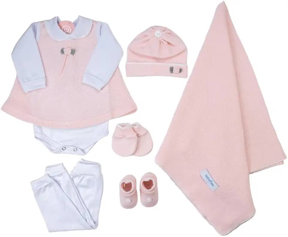 Saida Maternidade Completa Recem Nascido Menino Menina 7 Peças Sanches Baby (Rosa com Branco)