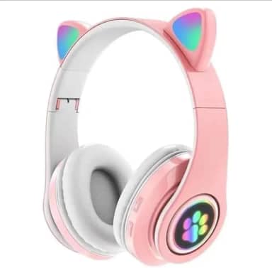 Fone Orelhas GATO Sem Fio COM LED MUDA DE COR Bluetooth Música Infantil COLORIDO ORELHINHA GATINHO (ROSA)