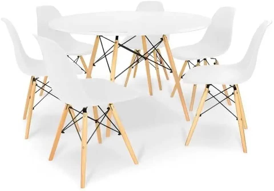 Conjunto de Mesa de Jantar Eames Eiffel Redonda 100cm Tampo de Madeira Branco com 6 Cadeiras Brancas