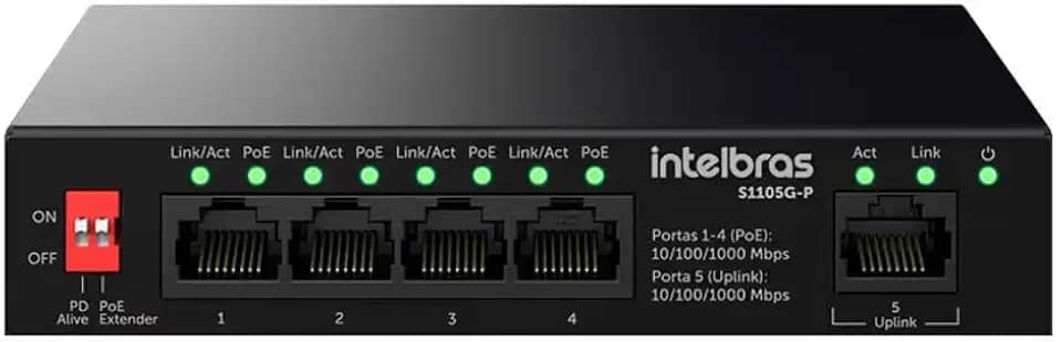 Intelbras Switch Gigabit S1105G-P, 5 Portas 10/100/1000Mbps, 4 Portas PoE, Não Gerenciável