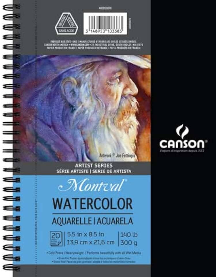 Canson Papel de aquarela da série Artista, bloco de arame, 14 x 21,5 cm, 20 folhas (300 g) – Papel de artista para adultos e estudantes – Aquarelas, mídia mista, marcadores e diários de arte