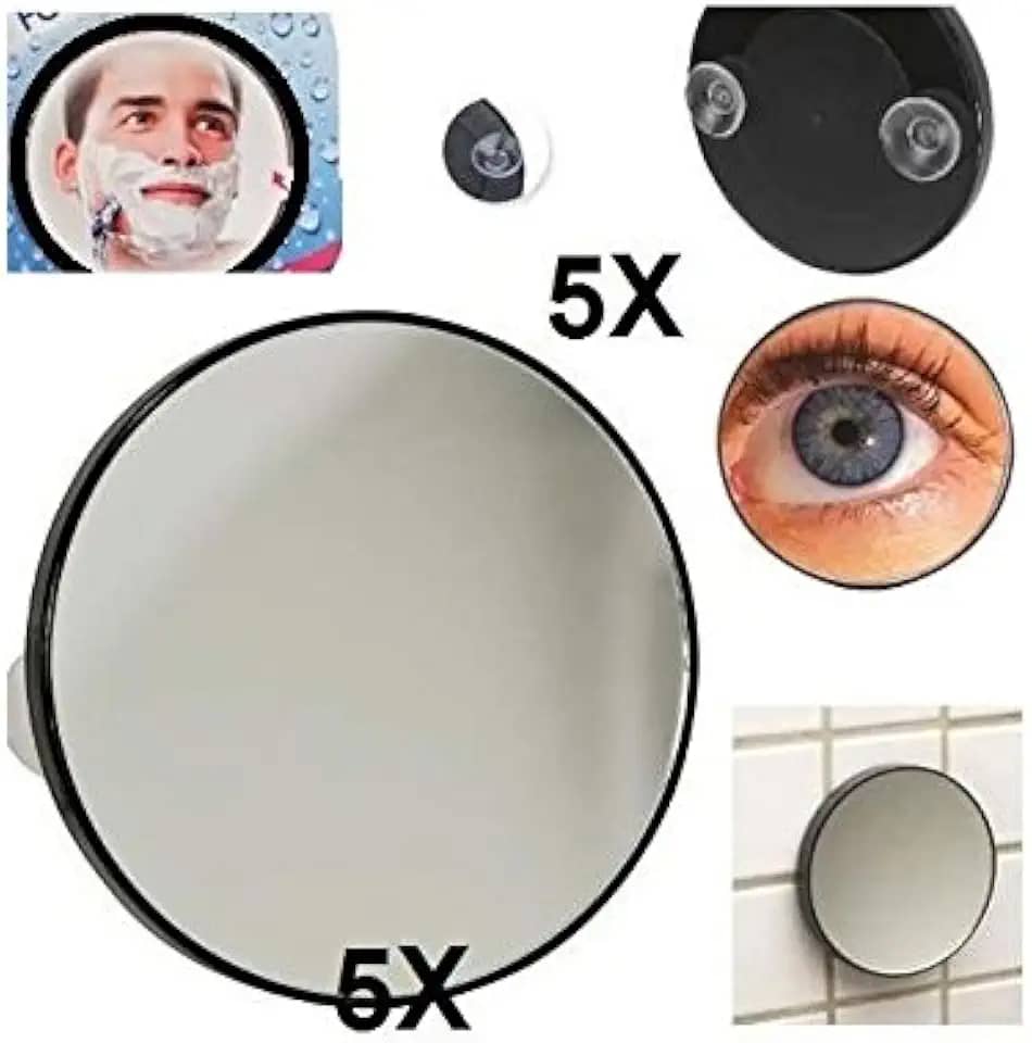 ESPELHO DE AUMENTO 5X ANTI EMBACANTE COM 2 VENTOSAS PARA BANHEIRO, MAQUIAGEM E SOMBRANCELHA