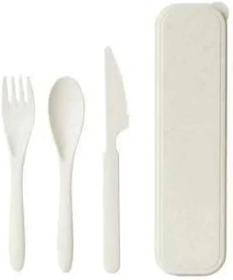 Kit Talheres Reutilizáveis com Estojo Feito com Fibra de Palha de Trigo Biodegradável Ideal Levar na Bolsa, Jogo de Talheres Infantil, PREMIUM (Off White)