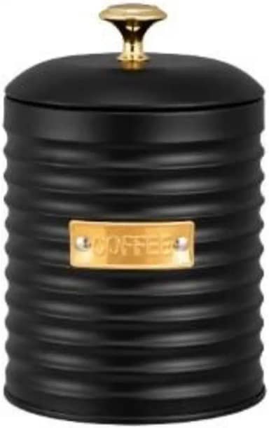 Porta Café de Metal c/Tampa Friso Preto Premium 16 x 10 x 10cm 1lt. c/Puxador Dourado Pote Redondo Porta Mantimentos Moderno e Elegante