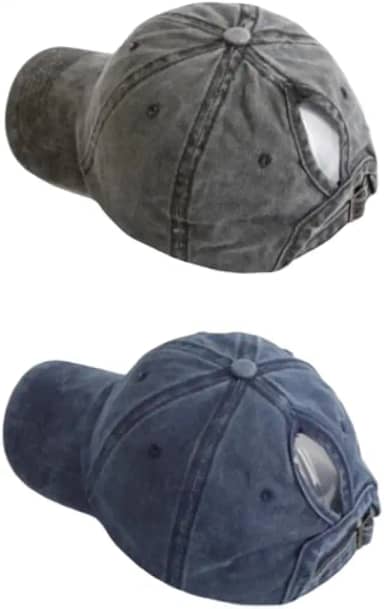 Boné de beisebol feminino com rabo de cavalo lavado, universal, tamanho ajustável - 2 peças