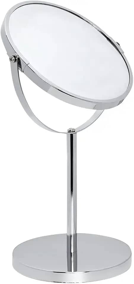 Mimo Style Espelho de Aumento com Base Cor Prata, Dupla Face 360º Rotativo, Lado Normal e Outro Com Ampliação em 5X. Acabamento em Aço Inoxidável de Qualidade e Elegante