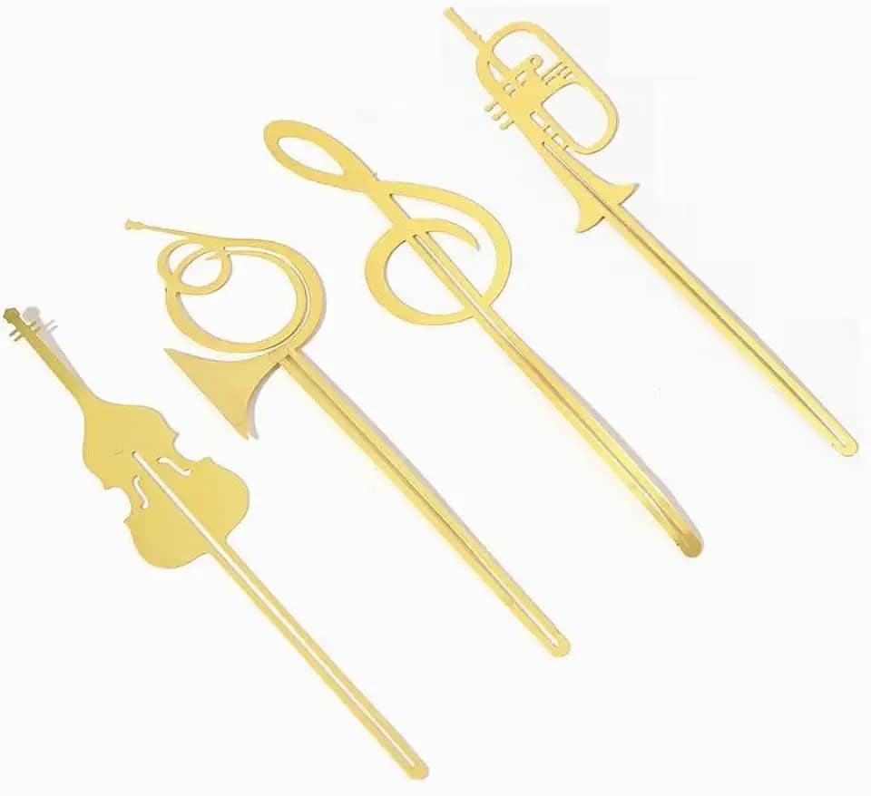 4 marcadores de página de metal para instrumento musical, marcador de página dourado vazado, presente ideal para leitores, escritores, professores, adultos e crianças