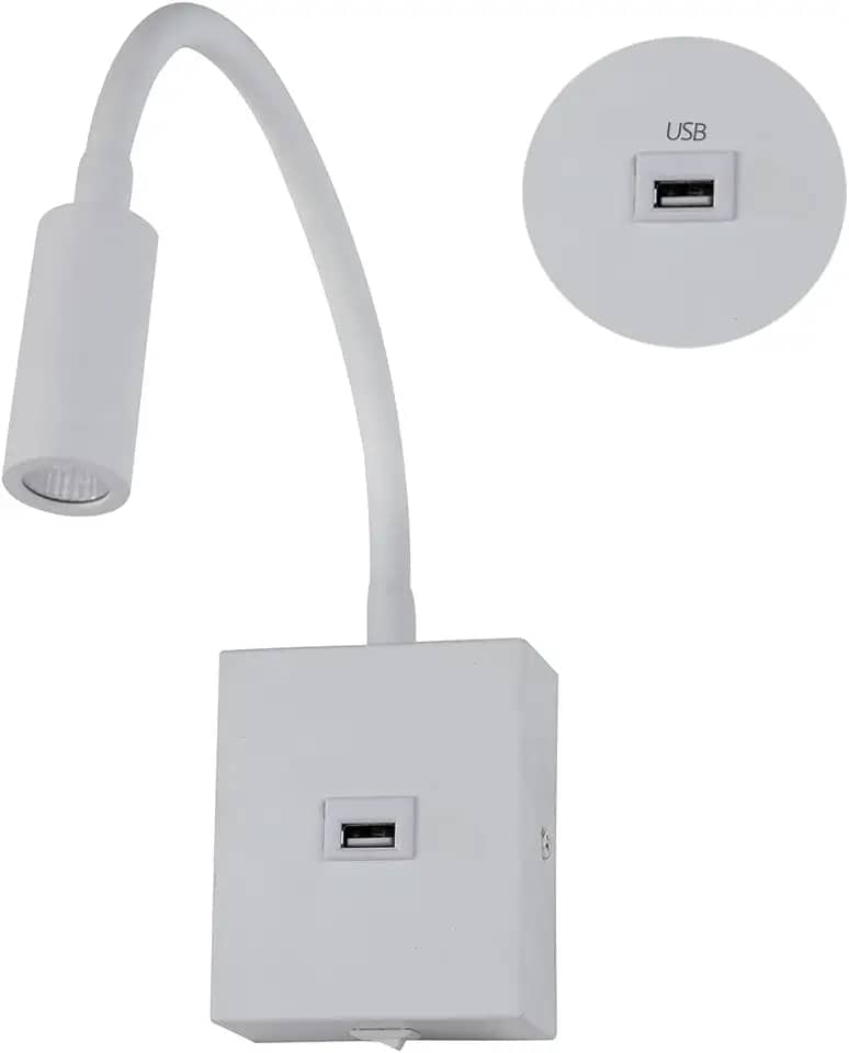 Arandela Luminária Leitura de Cabeceira Cama Branco 3000k Haste Flexível Quarto Led 3w Usb Com Interruptor
