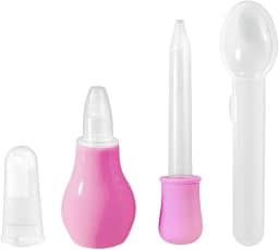 Kit De Cuidados Do Bebê 4 Peças Com Sugador Nasal + Escova Dental de Dedo+Colher Medidora+Conta Gotas
