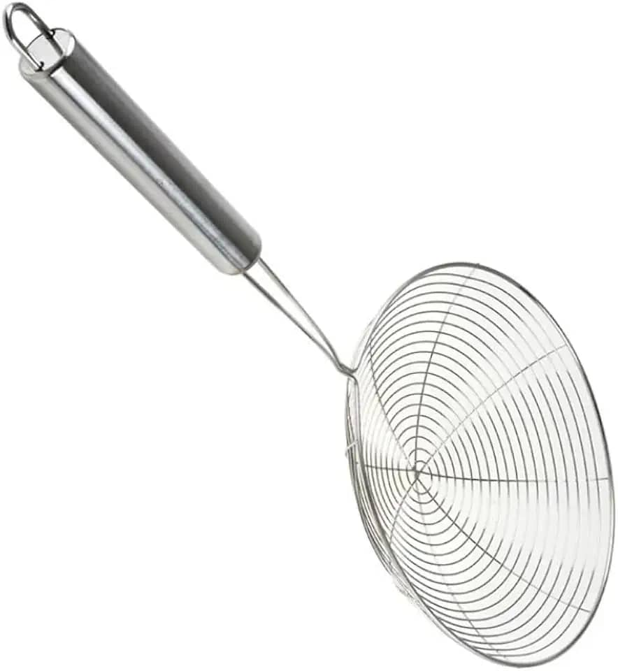 Peneira Escumadeira Grande em Aço Inox para Fritura de Batatas, Pastéis, 34x11 cm, Cabo Ergonômico