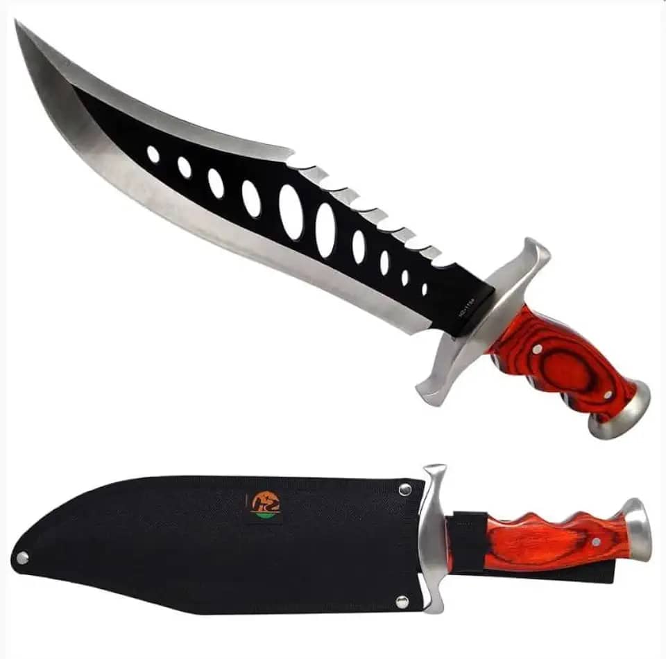 Faca Tática Militar Artesanal, Lâmina Serrilhada em Aço 440, com Bainha de Couro