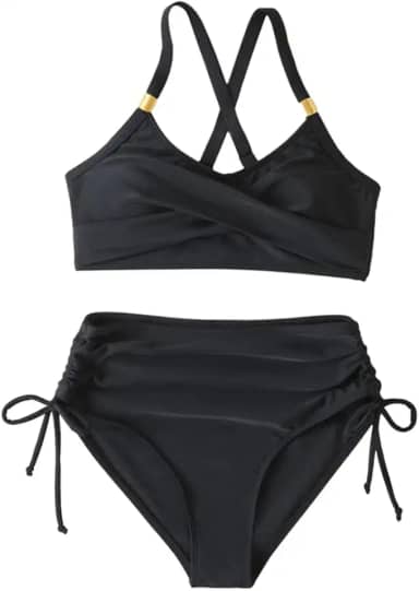 Conjunto de biquíni feminino cruzado com cordões, frente única, frente única, cintura média