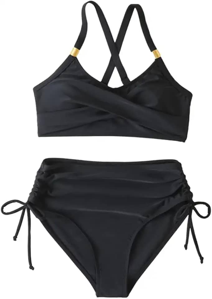 Conjunto de biquíni feminino cruzado com cordões, frente única, frente única, cintura média