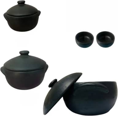 Kit Panela de Barro P, M e G (1 Litro, 2 Litros,5 Litros) + 2 cumbucas Kit Caçarola Curada Caldo Tacho(3 Panelas + 2 Cumbucas)
