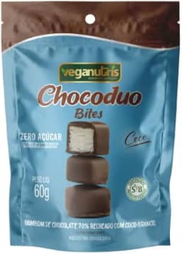BOMBOM VEGANO DE CHOCOLATE 70% CACAU RECHEADO COM COCO BRANCO CHOCODUO VEGANUTRIS 60G