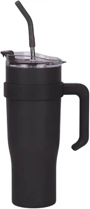 Copo Caneca Térmica de Inox à Vácuo Com Alça e Canudo 1200ml (Copo Virgínia) (Preto com alça preta)