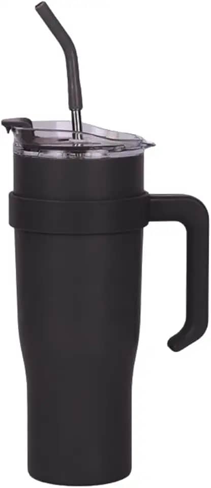 Copo Caneca Térmica de Inox à Vácuo Com Alça e Canudo 1200ml (Copo Virgínia) (Preto com alça preta)