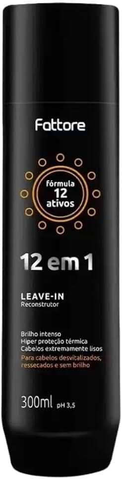Leave-in Reconstrutor 12 em 1 Fattore 300ml – pH 3,5, proteção térmica termoativada, queratina hidrolisada, manteiga de karité, amodimeticona, brilho intenso, antifrizz, selagem de cutículas, sem parabenos, uso diário sem enxágue