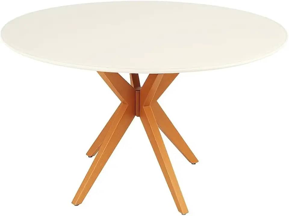 Mesa de Jantar Redonda Laqueada Tampo com Vidro Temperado Base Estrela em Madeira Maciça Mel (100 CM)