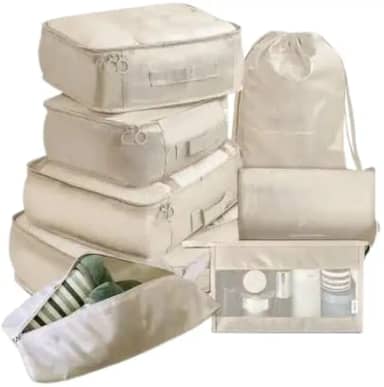 Kit Organizador de Malas para Viagem 8 Peças Conjunto Organizador Completo Bolsas Necessaire Sapatos Maquiagem Roupas Bagagem Organizada (Bege)