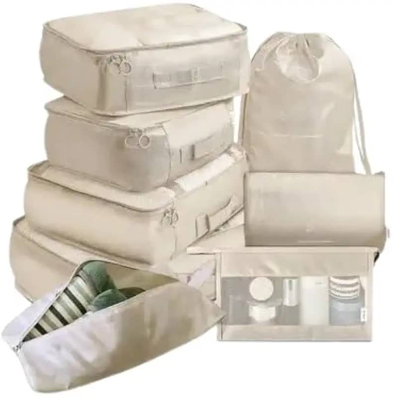 Kit Organizador de Malas para Viagem 8 Peças Conjunto Organizador Completo Bolsas Necessaire Sapatos Maquiagem Roupas Bagagem Organizada (Bege)