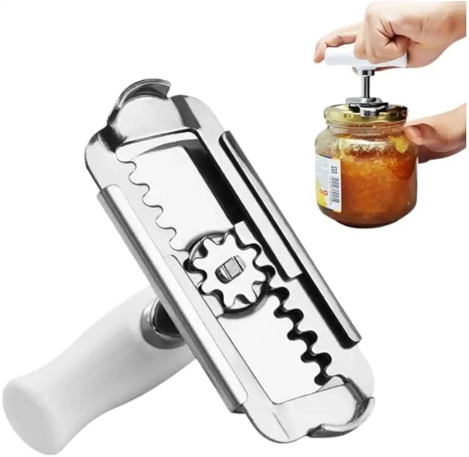Abridor Manual Multifuncional para Potes, Frascos e Tampas, Aço Inoxidável, Base Branca, Cozinha