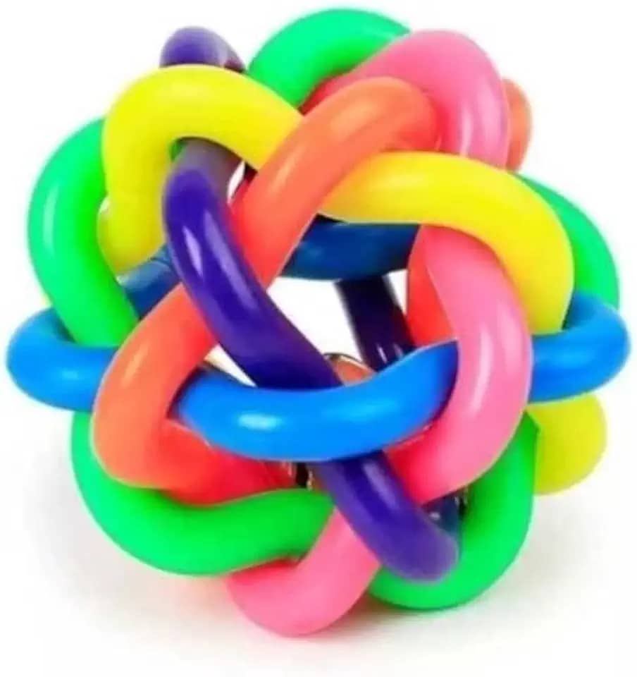 Bola Grande Trançada com Sino para Cães – Brinquedo Interativo para Pets, Estimula Atividade Física, Atóxica e Resistente – Colorida - (Pequeno 5,0cm)