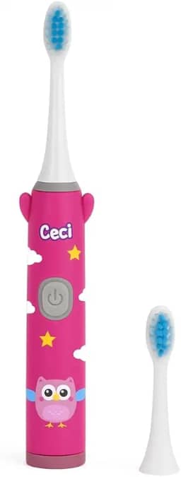 Escova Elétrica Infantil Ceci Coruja — Cerdas Macias, Design Lúdico que Estimula Autonomia, Refil Extra Incluso, Livre de BPA — Rosa, Compacta para Viagem