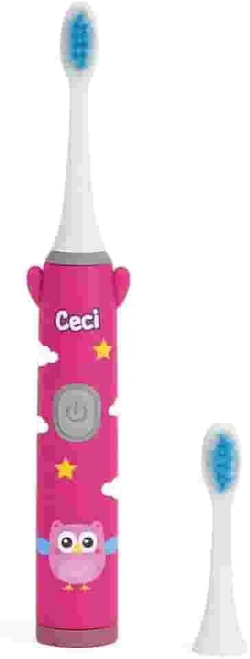 Escova Elétrica Infantil Ceci Coruja — Cerdas Macias, Design Lúdico que Estimula Autonomia, Refil Extra Incluso, Livre de BPA — Rosa, Compacta para Viagem