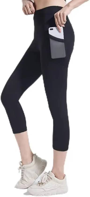 Leggings femininas de cintura alta com bolsos – Macia, elástica, comprimento total/calça capri para ioga