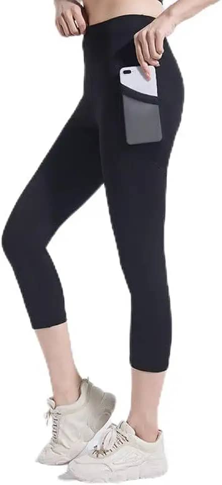 Leggings femininas de cintura alta com bolsos – Macia, elástica, comprimento total/calça capri para ioga