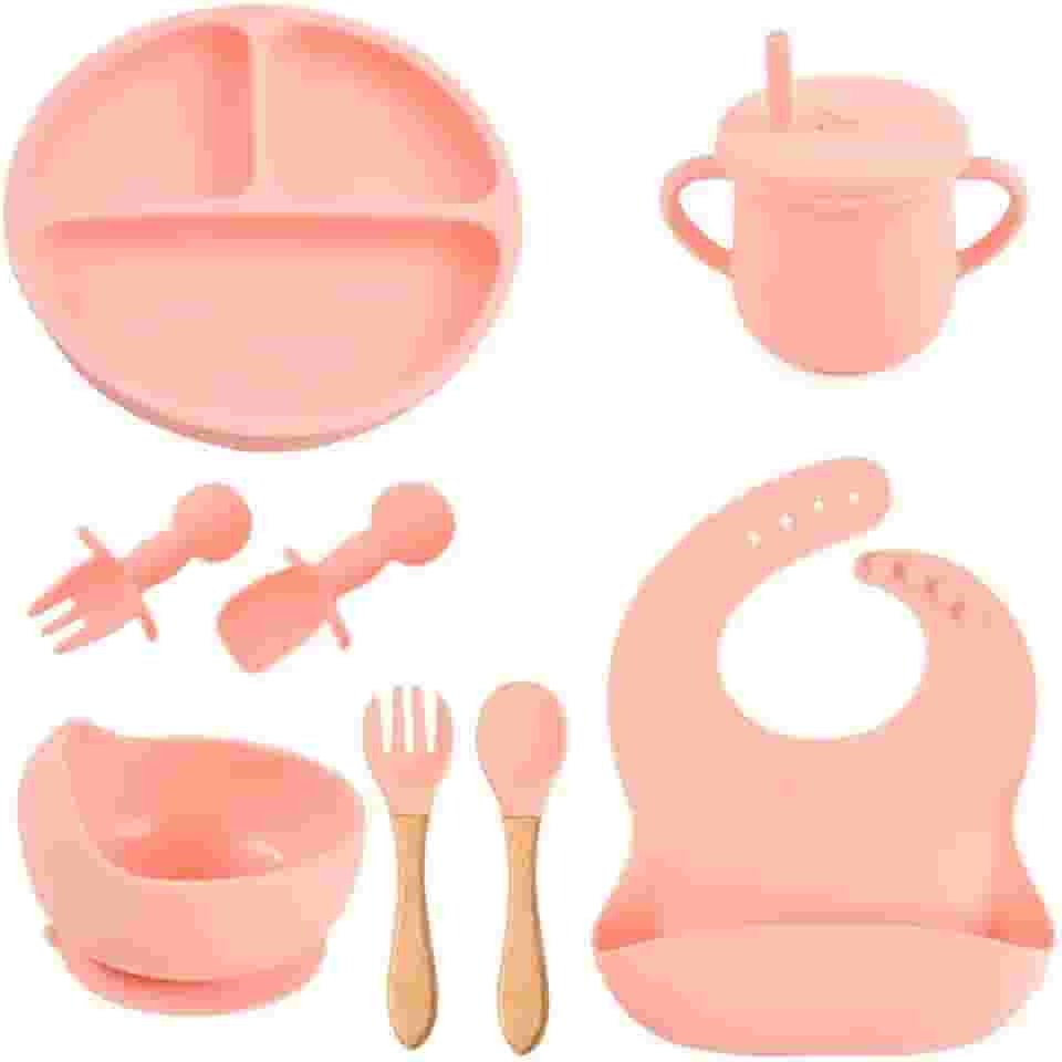 Kit Introdução Alimentar Bebe 8 Peças Silicone Iniciação Para Alimentos Livre de BPA Atóxico Antibacteriano Seguro Sem Pontas Colher, garfo, copinho, pote e pratinho Criança 6 meses Rosa