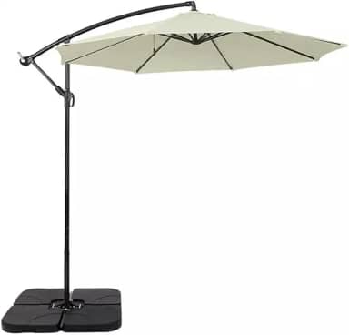 Ombrelone Lateral Suspenso 3m com Base, Alumínio e Poliéster, Off-White e Cinza, para Jardim e Varanda