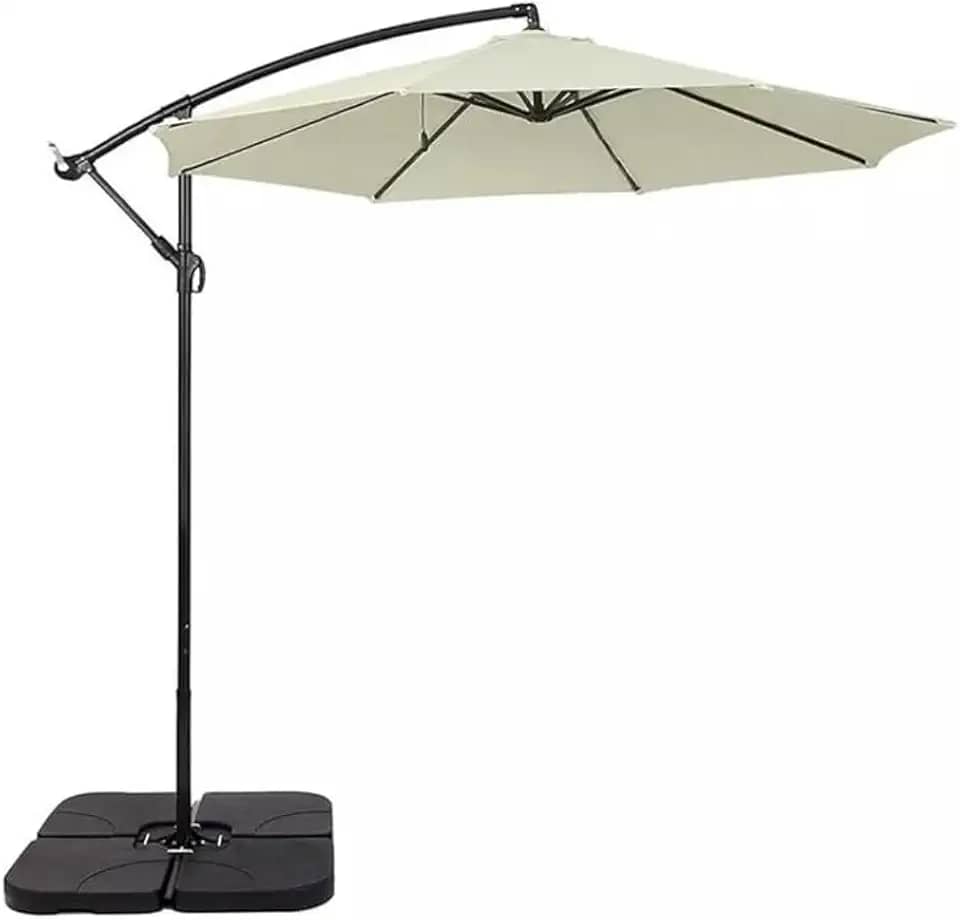 Ombrelone Lateral Suspenso 3m com Base, Alumínio e Poliéster, Off-White e Cinza, para Jardim e Varanda