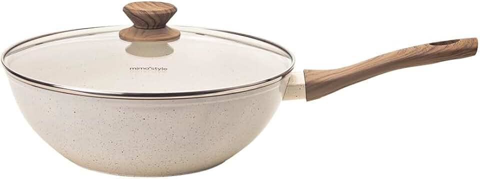 Mimo Style Wok Linha Cook 28cm/4,15L - Estrutura em Alumínio Revestida em Cerâmica, Fundo de Indução. Cabo Soft-Touch, Não Esquenta. Funciona em Fogão a Gás, Elétrico e Indução (Marmol - Vanilla)