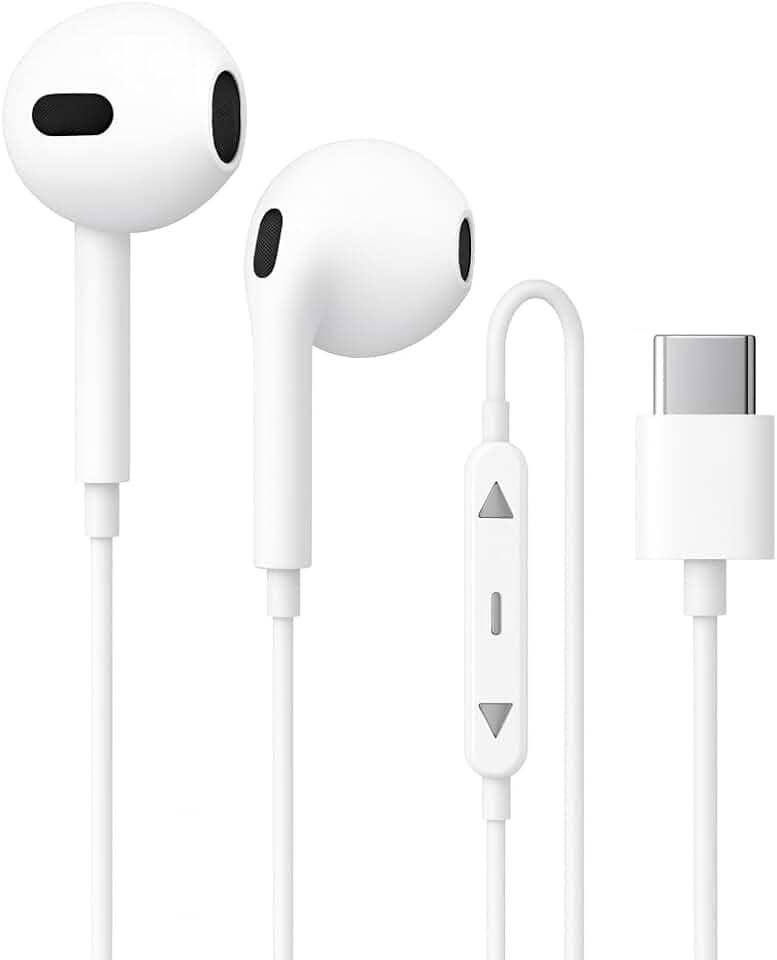 Fone de Ouvido Tipo C com Fio, Plug And Play Intra-Auricular - Com Controle de Volume Graves Intensos Som Nítido. (Branco)