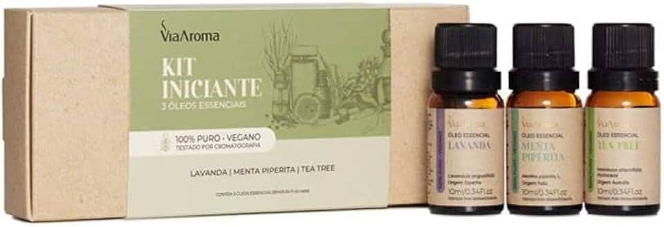 Kit 3 Óleos Essenciais Iniciante Via Aroma - Lavanda, Menta Piperita e Tea Tree