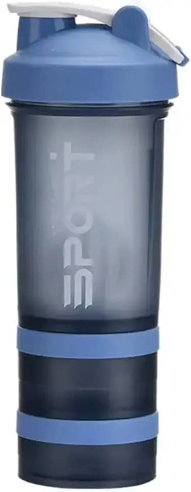 Coqueteleira para Academia com Misturador, 650 ml, Compartimentos para Suplementos, Antivazamento (Azul)