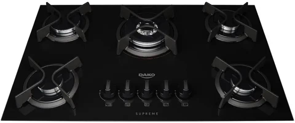 Cooktop 5 Bocas a Gás Dako Supreme com Queimador Tripla Chama e Mesa de Vidro Temperado Preto Bivolt