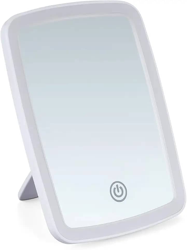 Espelho de Mesa com Luzes LED em 3 Cores para Maquiagem Cosméticos Portátil com Suporte de Apoio Iluminação Tipo Camarim, Touch, Zoom, Portátil para Penteadeira