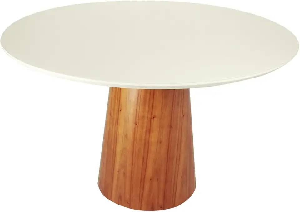 Mesa de Jantar Redonda Laqueada Tampo com Vidro Temperado Base Cone com Acabamento Amadeirado Laminado Mel (90 CM)