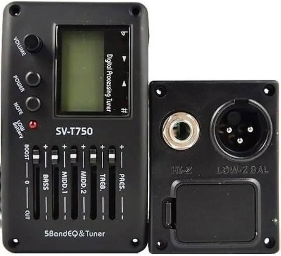 Captador SV-T750 com Afinador Digital e Equalizador de 5 Bandas - Kit Completo com Captador Piezo Ceramico e Base de Montagem - Preta