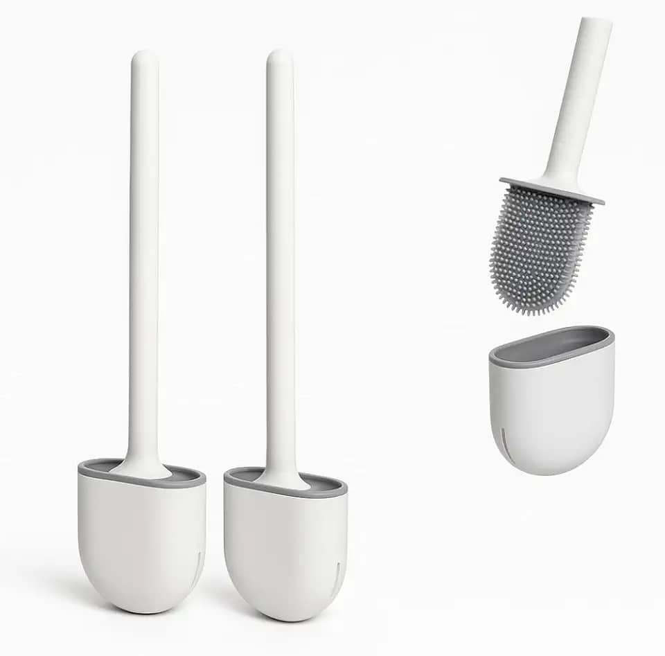 Escova de Vaso Sanitário em Silicone – Kit com 2 Unidades, Suporte Adesivo de Parede, Design Slim, Fácil Limpeza