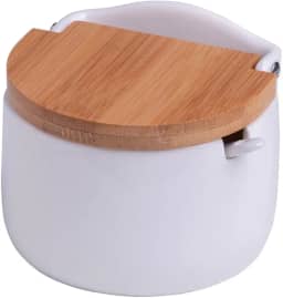 LYOR - Saleiro de Mesa de Cerâmica com Tampa de Bambu e Colher Bianco 10cm x 9,5cm x 9,5cm